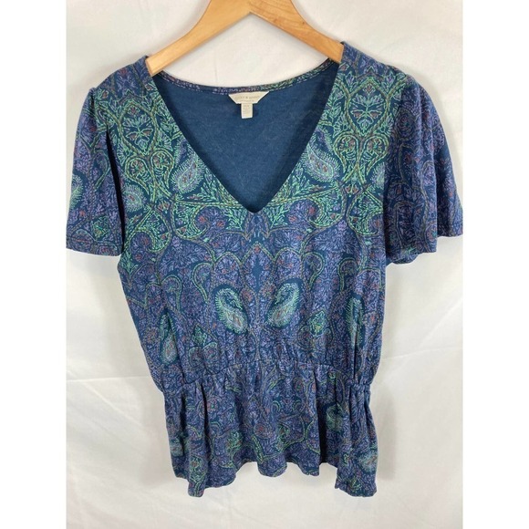 Lucky Brand Smocked Waist V Neck Short Sleeve Top Size Medium - Picture 2 of 7